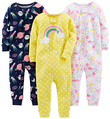 Simple Joys by Carter's Baby Girls' Snug-Fit Footless Cotton Pajamas, Pack of 3, Dinosaur/Rainbow/Space, 12 Months