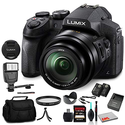 Panasonic Lumix DMC-FZ300 Digital Camera (DMC-FZ300K) - Bundle - with 64GB Memory Card + DMW-BLC12 Battery + Digital Flash + Soft Bag + 12' Flexible Tripod + Cleaning Set + 52mm UV Filter + More
