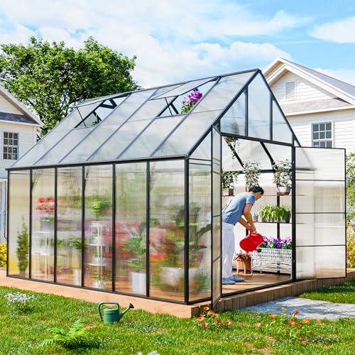 CDCASA 12x10x10 FT Greenhouse for Outdoors, Easy Assembly Large Aluminum Heavy Duty Polycarbonate Greenhouses Kit w/2 Vent Window, Swing Door, Walk-in Green House for Sunroom Patio, Backyard, Garden