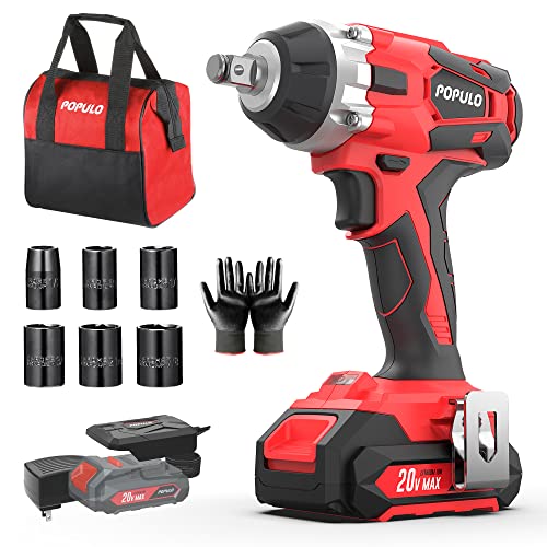 populo 20V Rechargeable Cordless Impact Wrench,½” Chuck Impact Wrench, 3098 in-lbs(350N.m) Torque and 0-3,000 Impact,6 pcs Drive Impact Sockets, 2.0Ah Li-ion Battery, Gloves and Tool Bag Included.