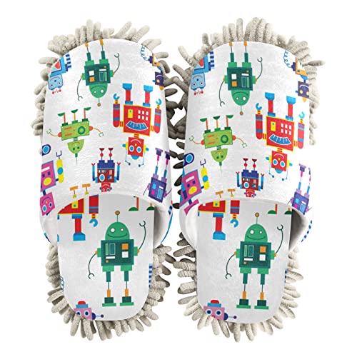Microfiber Cleaning Slippers Cute Robots Washable Mop Shoes Slipper for Men/Women House Floor Dust Cleaner, Size M