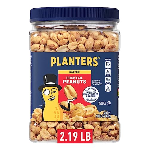 PLANTERS Salted Cocktail Peanuts, Party Snack, Plant-Based Protein, After School Snack, Roasted in Peanut Oil, Salted Nuts, Snack for Adults, Flavored with Sea Salt, Bulk Nuts, Kosher, 2.19lb Jar