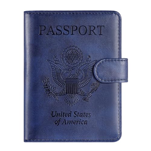 RSAquar Passport Holder for Women and Men, Premium PU Leather Travel Passport Wallet RFID Blocking Passport Cover Travel Documents Organizer with Pen Holder, Blue