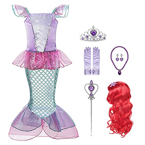 Padete Pink Little Girl Mermaid Princess Costume Sequins Party Dress (3-4 Years, Pink with Accessories)