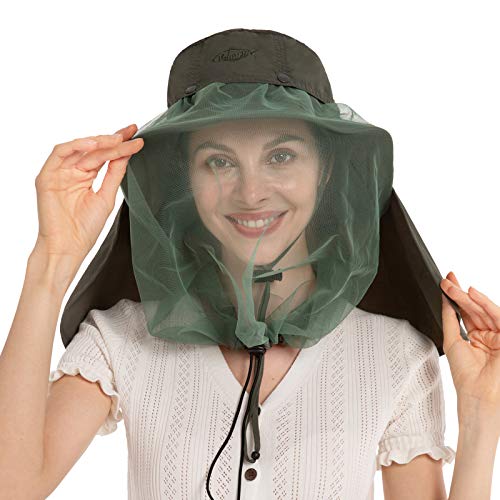 Palmyth Head Net Hat, Sun Hat Safari Hat Bucket Hat with Hidden Mesh Net Army Green