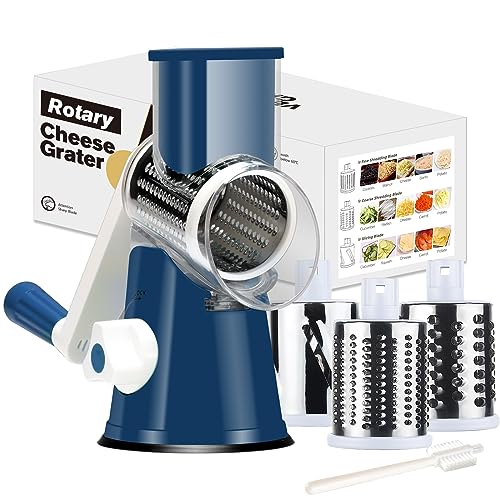 Cambom Cheese Grater Cheese Shredder - Kitchen Manual Rotary Cheese Grater with Handle Vegetable Slicer Nuts Grinder 3 Replaceable Drum Blades and Strong Suction Base Free Cleaning Brush