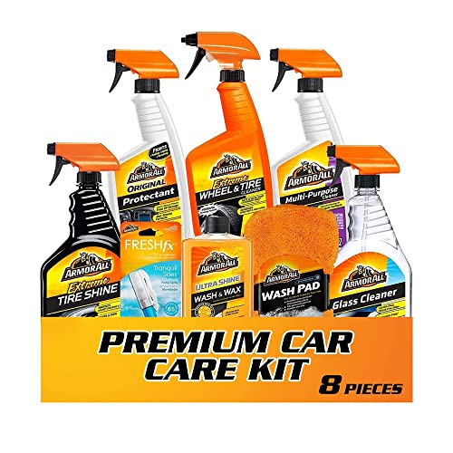 Armor All Premier Car Care Kit, Includes Car Wax & Wash Kit, Glass Cleaner, Car Air Freshener, Tire & Wheel Cleaner (8 Piece Kit)