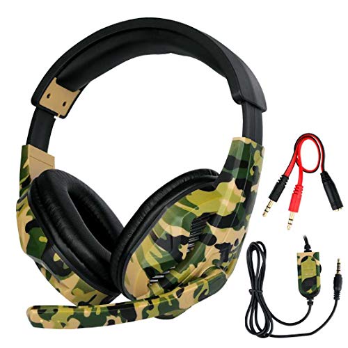 FNSHIP 3.5mm Port Wired Gaming Headset, Stereo Bass Noise Isolation Headphone with Mic Volume Control for PS4 New Xbox One PSP PC Laptop Tablet Cellphones (Camouflage Green)