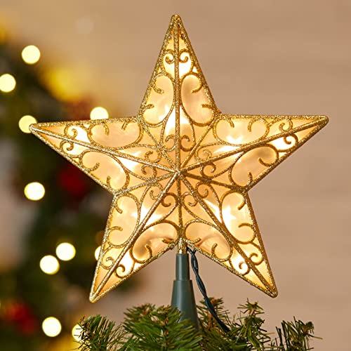 Christmas Star Tree Topper, Plug in Sliver Glittered 3D Star Tree Topper, Metal Hollow Designed Built-in 10 Bulbs String Lights for Indoor Office Christmas New Year Holiday Tree Decoration