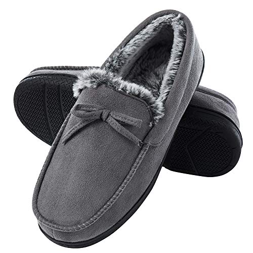 DL Men-Moccasin-Slippers-Indoor-Outdoor, Suede Mens House slippers with Memory Foam, Faux Fur Lining Bedroom Slippers for Men Non slip Outsole