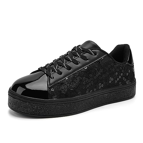 UUBARIS Womens Glitter Fashion Sequins Sneakers Lace Up Floral Casual Shoes Black Size 10
