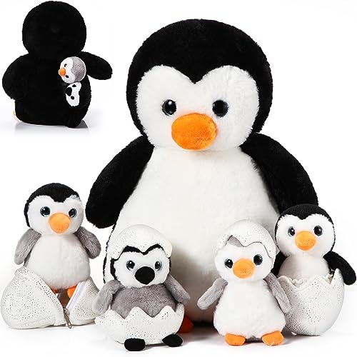 Aoriher 7 Pcs Penguin Stuffed Animal Sets 14 Inch Mommy Penguin and Plush Babies with 2 Eggs Wrapping Soft Cute Penguin Plushie for Kids Sleeping Birthday Graduation Gifts Party Favors