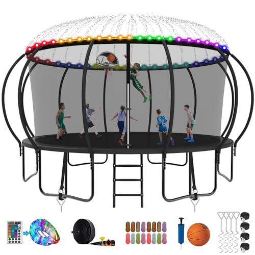 SKYUP 2024 Upgraded 8 10 12 14 15 16 FT 1500lbs Tranpoline for Kids and Adults with Light+Sprinkler+Socks, Recreational Tranpoline with Basketball Hoop, Ladder, ASTM Approved Tranpoline for 7-10 Kids