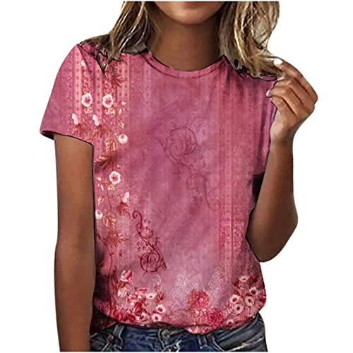 Tshirts Shirts for Women Summer Tops 2023 Fashion Floral Short Sleeve Shirts Graphic Tees Casual Plus Size Blouses Ladies Dressy Tops Cute Clothes Going Out Top Crewneck Sweatshirt(D-Pink,Medium)