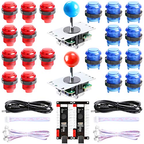Hikig New Updated Version 2-Player LED Arcade DIY Kit - 2X Zero Delay LED USB Encoder + 2X Arcade Joystick + 20x LED Arcade Buttons for MAME, PC, Windows, Raspberry Pi, Arcade1Up (Red & Blue Kit)