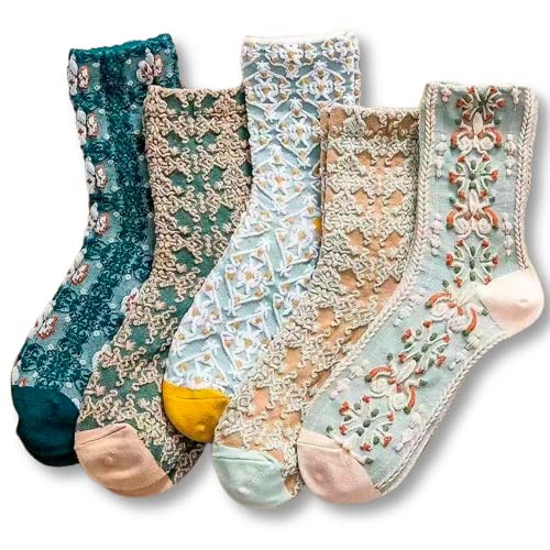 VETEVORY Women Vintage Pink Floral Patterned Cute Ruffle Cotton Ankle Socks 5 Pairs (Multi_C)