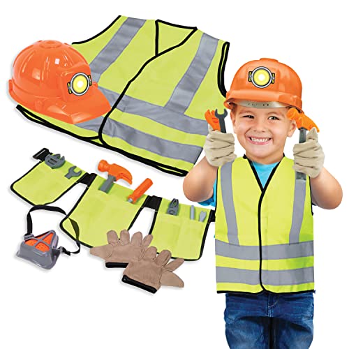 Dr. STEM Toys Construction Worker Roleplay Costume Set with Hat, Tools, Tool Belt, Gloves, and More