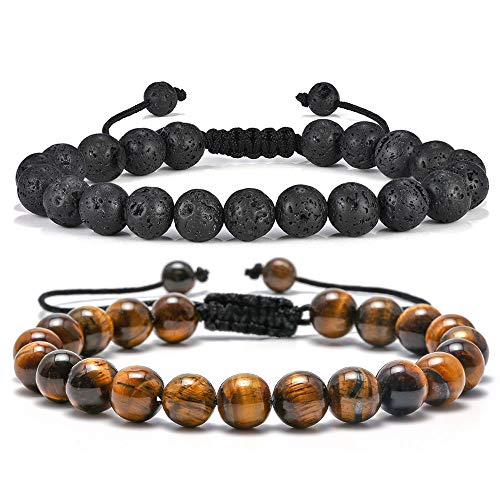 Lava Rock Bracelet , Natural Tiger Eye Black Lava Rock Stone Mens Anxiety Bracelets, Adjustable Aromatherapy Essential Oil Diffuser Healing Bracelet Grandpa Gifts Unique Gifts for Men, Women
