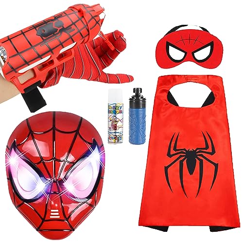 vhfux Spider Toys for Boys 3-4, 2-in-1 Shoots Webs or Water, Superhero Costume Capes and LED Mask, Halloween Gifts for Kids