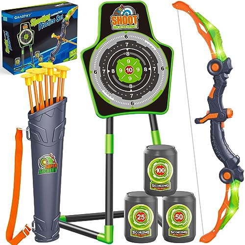 GMAOPHY Bow and Arrow Toys for Kids, Archery Set Includes Super Bow with LED Lights, 10 Suction Cups Arrows,Archery Set with Standing Target and 3 Target Cans for Boys Girls