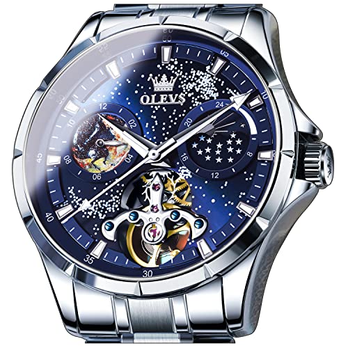 OLEVS Men's Automatic Mechanical Skeleton Watch Luxury Dress Blue Dial Waterproof Self Winding Moon Phase Stainless Steel Luminous Tourbillon Wrist Watches for Men