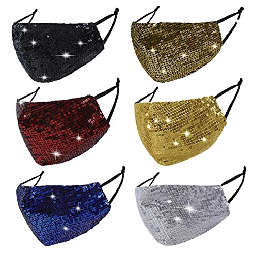 Sequin Glitter Bling Face Mask Women Black Breathable Reusable Washable Cloth Fashion Sparkle Fancy Fabric Sparkly Stylish Facemasks Adjustable Cotton Rhinestone Dressy Cute Madks for Adult Female