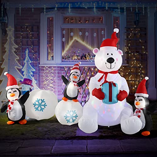 Inflatable Christmas Decorations, SHDEJTG 10FT Snowman Polar Bear Snowball Blow Up Christmas Decorations Outdoor with Colorful Rotating LED Lights, Giant Inflation for Xmas Indoor Lawn Garden