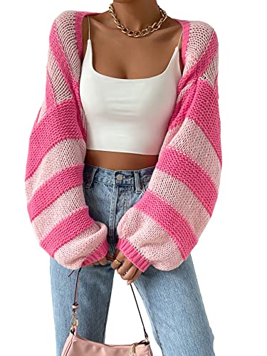 GORGLITTER Women's Color Block Striped Open Front Crop Cardigan Top Long Sleeve Shrug Sweater Outerwear Pink Small