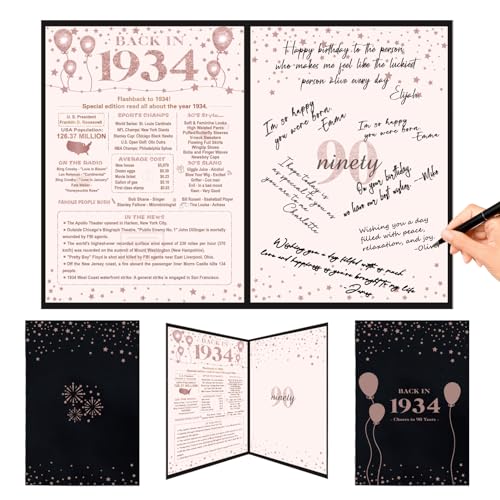 Crenics 90th Birthday Gift for Women, Creative Back in 1934 Birthday Poster, Giant 90th Birthday Guest Signature Book, Black and Pink 90 Birthday Decorations Party Supplies