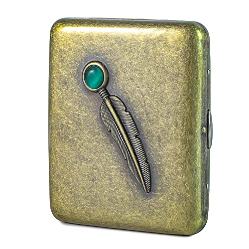 PALAMEDE Vintage Metal Case - Retro Holder Case with Exquisite Carved Feather and Emerald Gemstone Embellishments - Minimalist Storage Case for Women Men, Holds 14 to 20, up to 84mm, Bronze, Feather