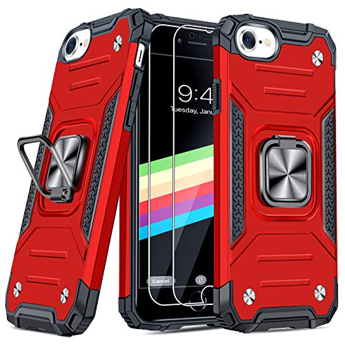 JAME Case for iPhone SE 2022/2020/8/7 with Screen Protectors 2Pcs, Military-Grade Drop Protection, Shockproof Protective Phone Cases, with Car Mount Ring Kickstand Red
