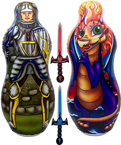 Inflatable Punching Bag for Kids with Foam Sword Set | 48' Double Sided Bop Bag for Boys, Girls and Children | Knight & Dragon Theme Imaginative and Sports Toys