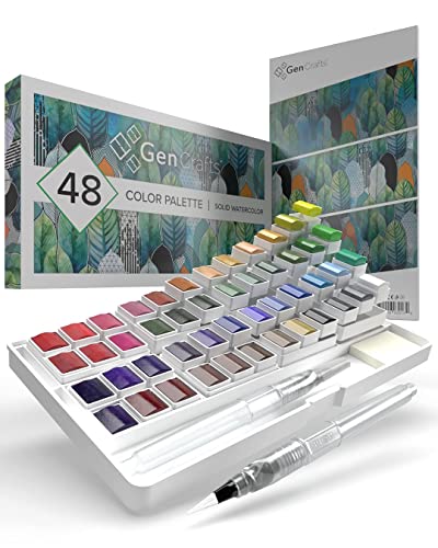GenCrafts Watercolor Paint Palette with Bonus Paper Pad Includes 48 Premium Colors - 2 Refillable Water Blending Brush Pens - 15 Sheets of Water Color Paper - Portable Painting