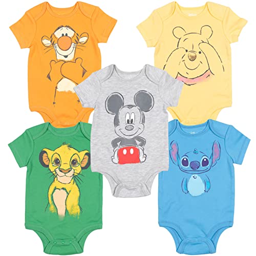Disney Mickey Mouse Lion King Pooh Bear Tigger Stitch Baby 5 Pack Bodysuits 12 Months