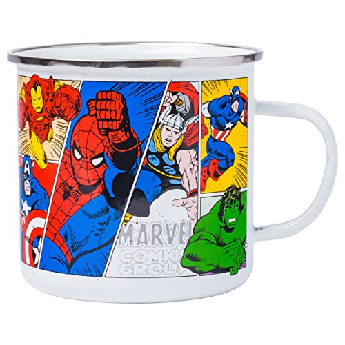 Silver Buffalo Retro Vintage Panel Marvel Comics Avengers Camper Coffee Mug Featuring Captain America, Hulk, Thor, Spider-Man, Black Widow, and Iron Man, 21 Ounces