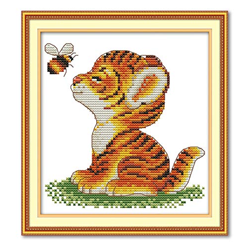 Printed Cross Stitch Kits 11CT 9X9 inch 100% Cotton Holiday Gift DIY Embroidery Starter Kits Easy Patterns Embroidery for Girls Crafts DMC Stamped Cross-Stitch Supplies Needlework Tiger and Bee
