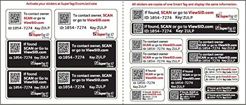 Dynotag Web Enabled Smart Stickers, with DynoIQ & Lifetime Recovery Service. Set of 20 Assorted Sizes/Colors of ONE Record (All Share The Same Information)