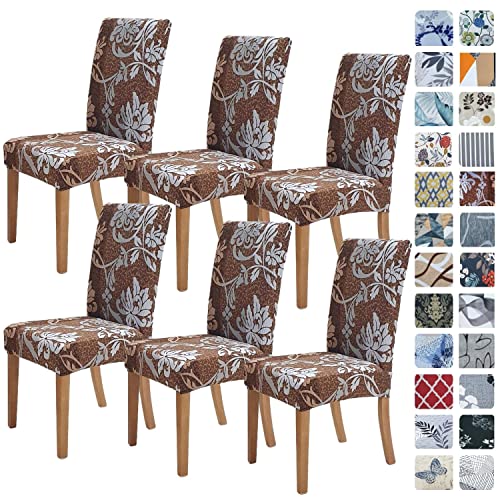 SPRINGRICO Chair Covers for Dining Room 6 Pack, Stretch Dining Chair Cover, Washable Spandex Kitchen Parsons Chair Slipcovers, Removable Seat Protector for Home or Party (Set of 6, Floral BROWN1)