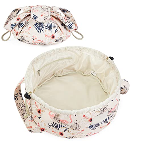 Barrel Drawstring Makeup Bag Large Cosmetic Bag Toiletry Organizer for Women (Beige Bird)