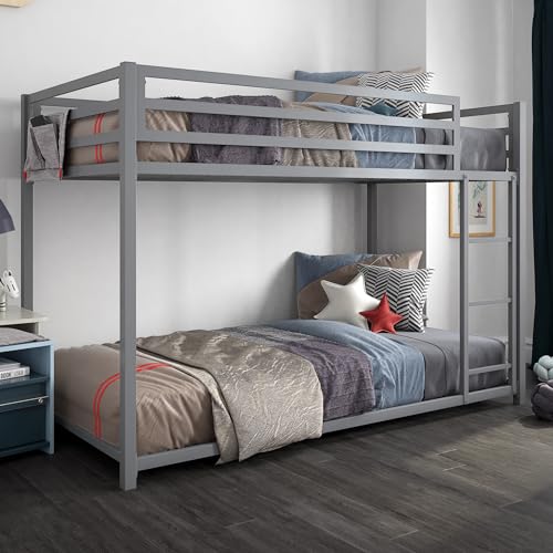 DHP Miles Low Metal Bunk Bed Frame for Kids, With Built-in Ladder, High Guardrail and Metal Slats, Floor Bed Bottom Bunk, No Boxspring Required, For Small Spaces, Twin-Over-Twin, Silver