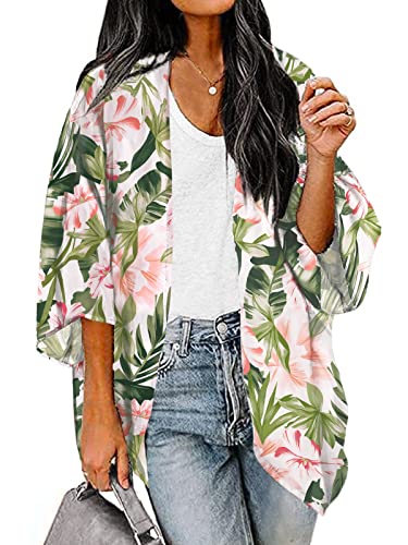 BB&KK Women's Floral Leaf Kimono Cover Ups Plus Size Hawaiian Shirts Tops Tropical Boho Outfits Chiffon Sheer Summer Cardigans Shawls Wraps White 3X-Large