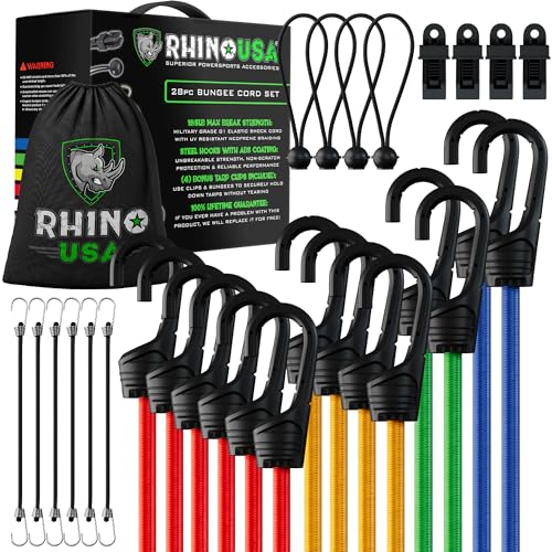 RHINO USA Bungee Cords with Hooks - Heavy Duty Outdoor 28pc Assortment with 4 Free Tarp Clips, Drawstring Organizer Bag, Canopy Ties & Ball Bungees