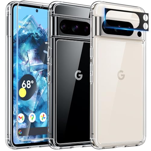TAURI for Google Pixel 8 Pro Case, [5 in 1] 1X Clear Case [Not-Yellowing] with 2X Screen Protector + 2X Camera Lens Protector, [Military Grade Protection] Slim Case for Pixel 8 Pro