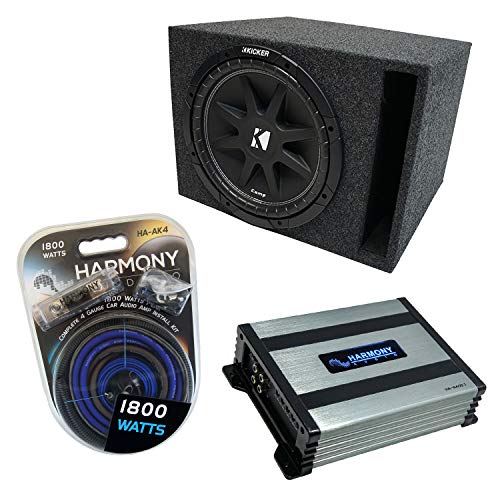 Kicker Bundle Compatible with Universal Vehicle C12 Comp Single 12' Vented Port Loaded Sub Box with Harmony HA-400.1 Amp & Install Kit