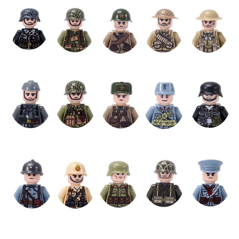 ZEVREVS WW2 15 PCS Toy Soldier Figures American German British French and Other 15 National Figures Battle Playset World War 2 Building Block Toy Military Set