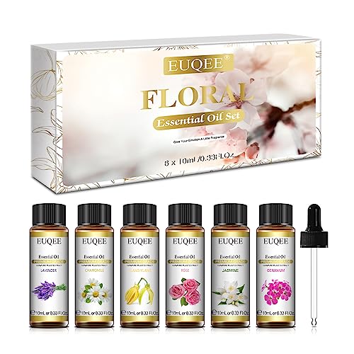 EUQEE Floral Essential Oils Set of 6 Pure Essential Oil Gift Set for Diffusers, Soap & Candle Making - Lavender, Rose, Ylang Ylang, Jasmine, Geranium, Chamomile Aromatherapy Oils - 10ml