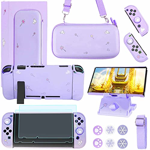GUTIAL Accessories Kit for Nintendo Switch - Purple Cute Accessories Bundle Girly Style Pack for girls with Travel Carrying Case and Protective Case, Screen Protector, kawaii Stand, Thumb Grips