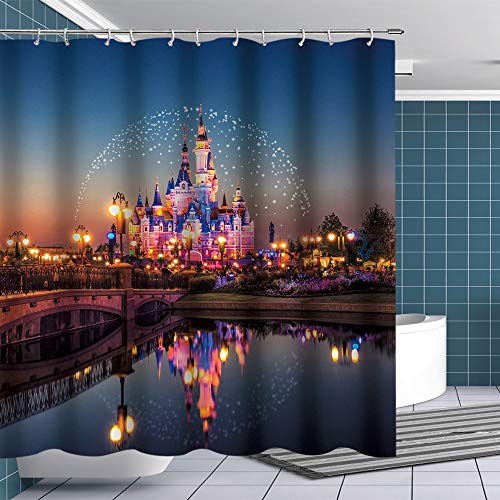 Fuortia Disney Castle Shower Curtain Fairyland for Kids Bathroom Polyester Waterproof Bathroom Curtain with Hooks for Bathroom Shower Decoration Fairy Tale World Fabric Shower Curtain Set 70x70Inch