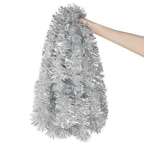 DECORA 33 Feet Silver Tinsel Garland, Christmas Metallic Hanging Tinsel Garland for Xmas Tree Home and Party Decoration