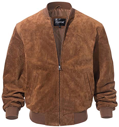 FLAVOR Men's Leather Baseball Jacket Vintage Suede Pigskin (Large, Brown)